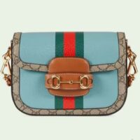 Gucci Women GG Horsebit 1955 Mini Bag Blue Leather Beige Ebony Supreme Canvas (11)