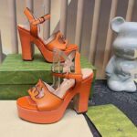 Gucci Women GG Interlocking G Sandal Orange Leather Wooden High 12 Cm Heel - Image 3