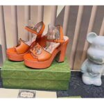Gucci Women GG Interlocking G Sandal Orange Leather Wooden High 12 Cm Heel - Image 4