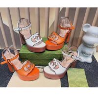 Gucci Women GG Interlocking G Sandal Orange Leather Wooden High 12 Cm Heel (7)