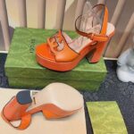 Gucci Women GG Interlocking G Sandal Orange Leather Wooden High 12 Cm Heel - Image 5