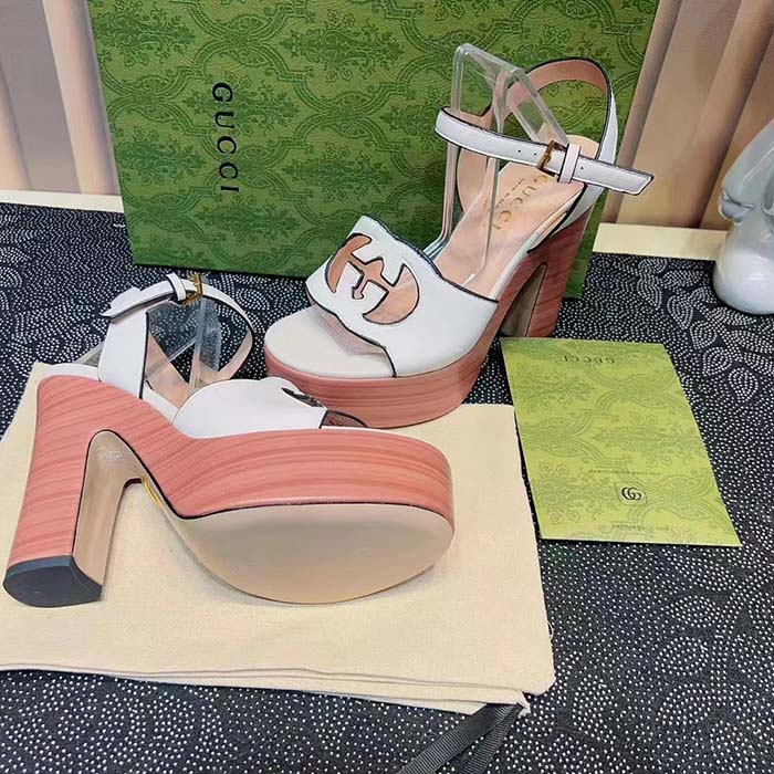 Gucci Women GG Interlocking G Sandal White Leather Wooden High 12 Cm Heel (2)
