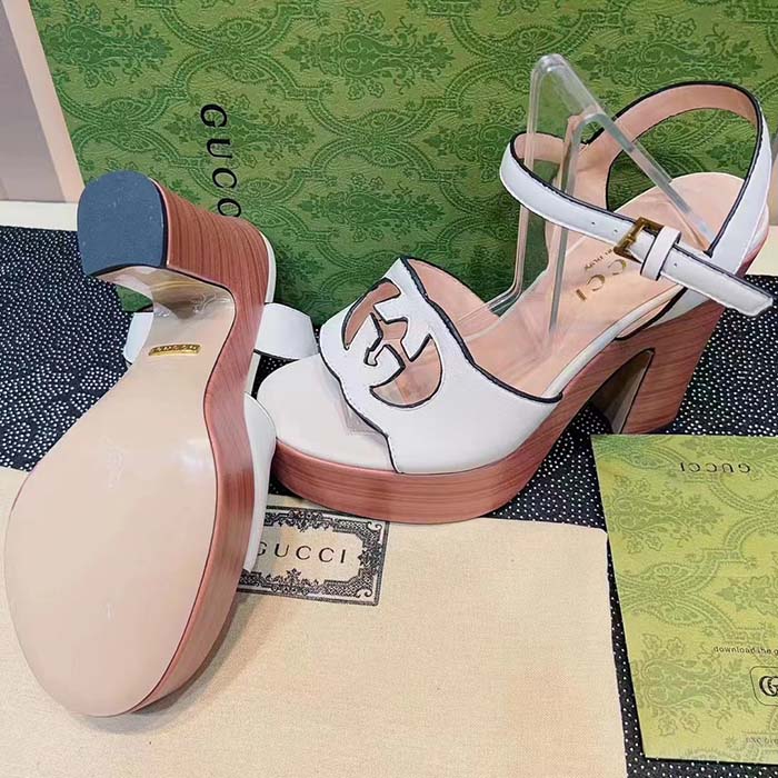 Gucci Women GG Interlocking G Sandal White Leather Wooden High 12 Cm Heel (3)