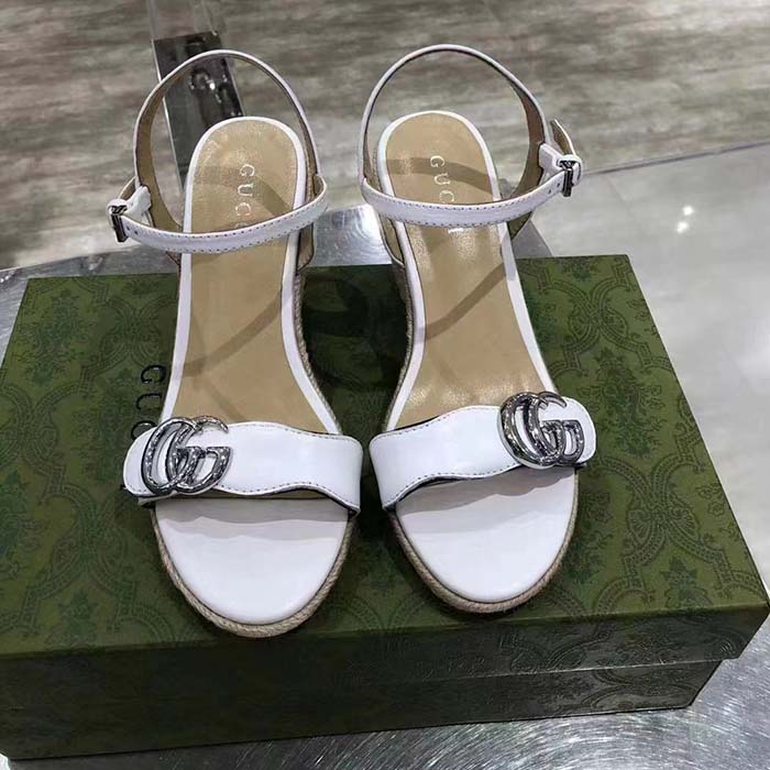 Gucci Women GG Leather Espadrille Sandal Interlocking G Off White High Heels (3)