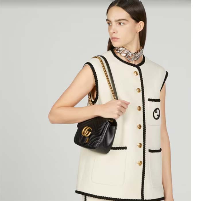 Gucci Women GG Marmont Matelassé Mini Shoulder Bag Black Chevron Leather (1)