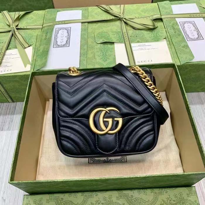 Gucci Women GG Marmont Matelassé Mini Shoulder Bag Black Chevron Leather (6)