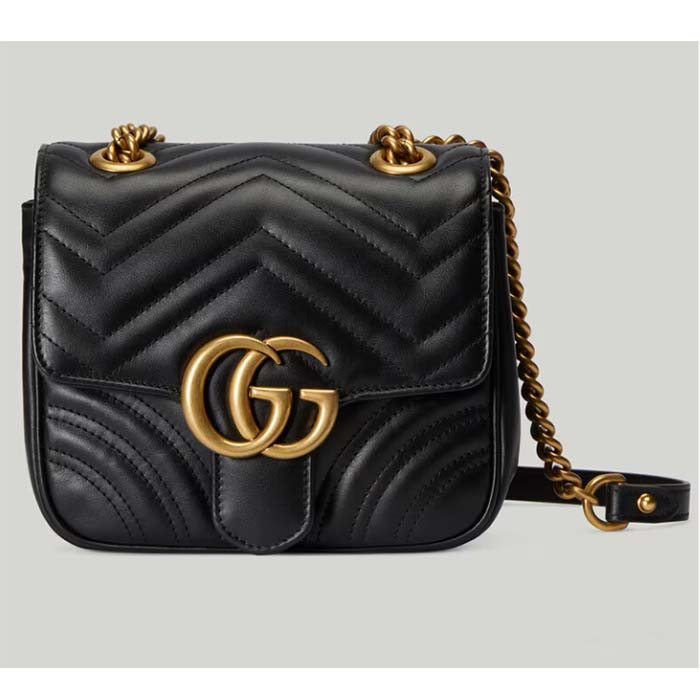 Gucci Women GG Marmont Matelassé Mini Shoulder Bag Black Chevron Leather
