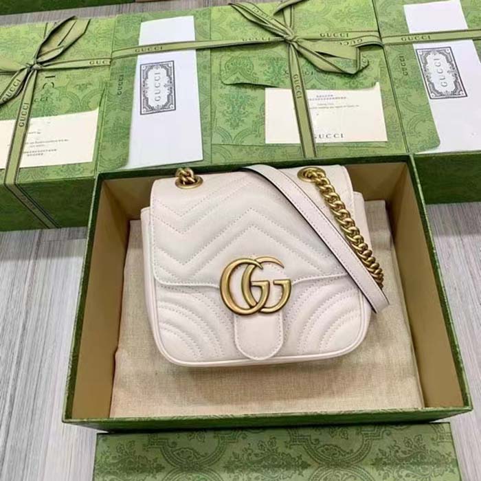 Gucci Women GG Marmont Matelassé Mini Shoulder Bag White Chevron Leather (10)
