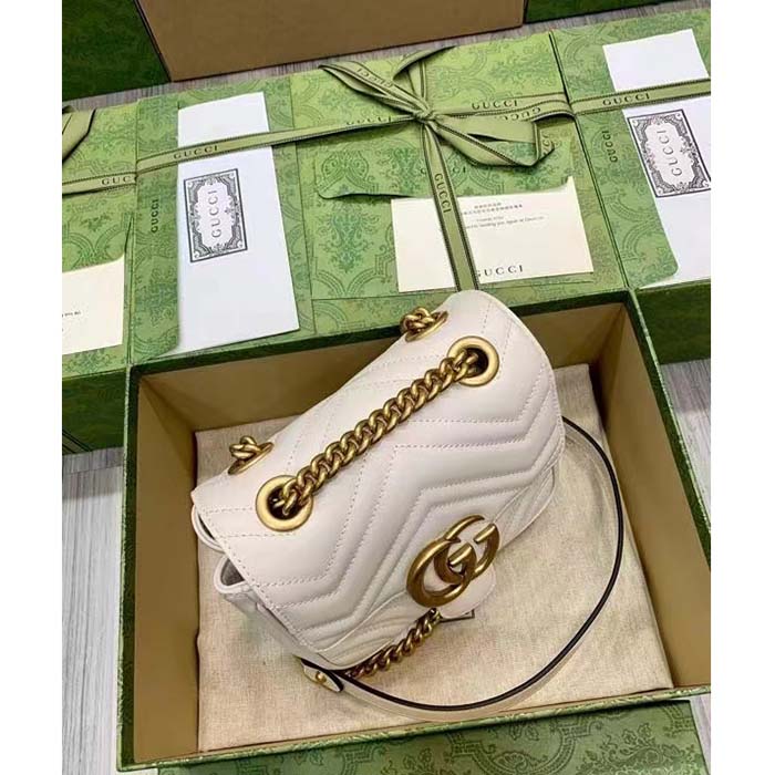 Gucci Women GG Marmont Matelassé Mini Shoulder Bag White Chevron Leather (11)