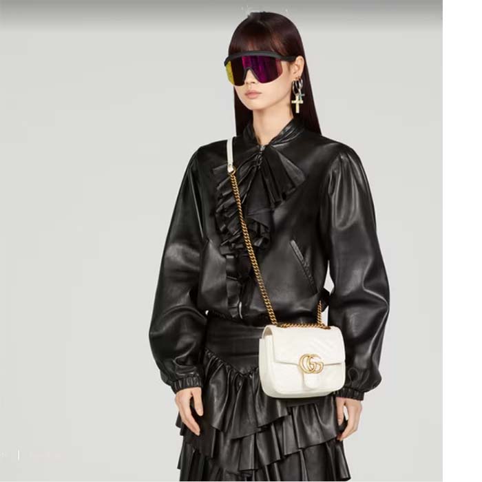 Gucci Women GG Marmont Matelassé Mini Shoulder Bag White Chevron Leather (7)