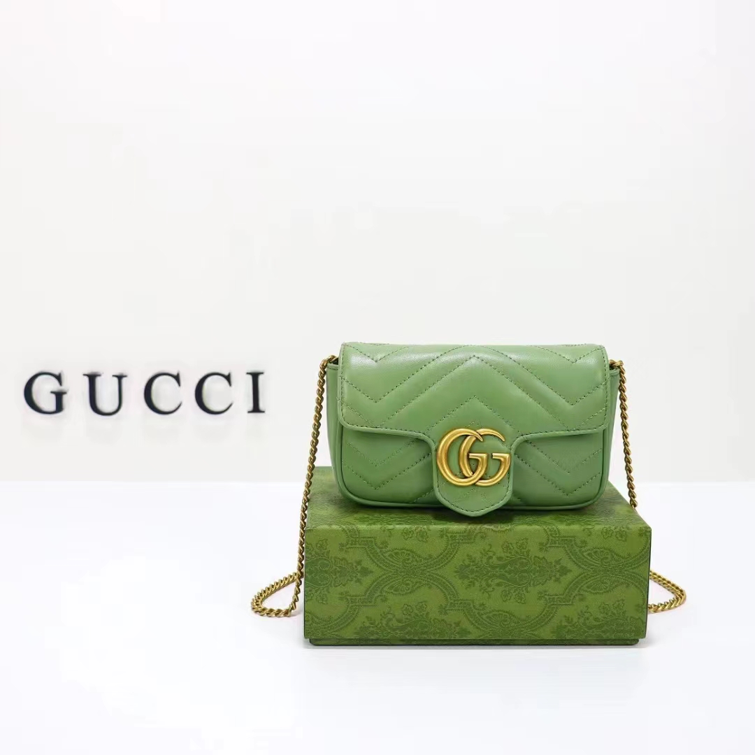 Gucci Women GG Marmont Matelassé Super Mini Bag Sage Green Chevron Leather (10)