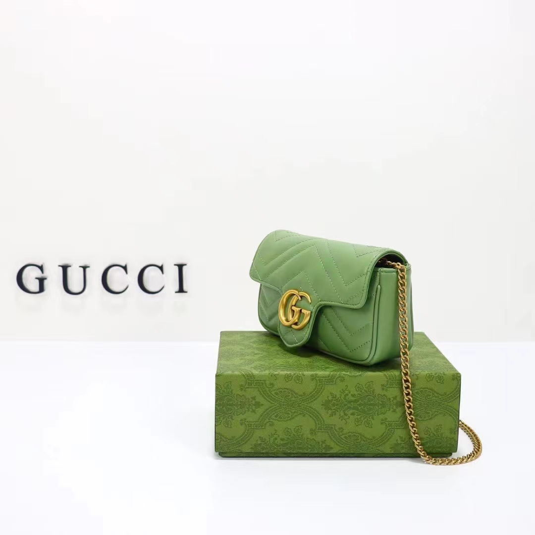 Gucci Women GG Marmont Matelassé Super Mini Bag Sage Green Chevron Leather (11)