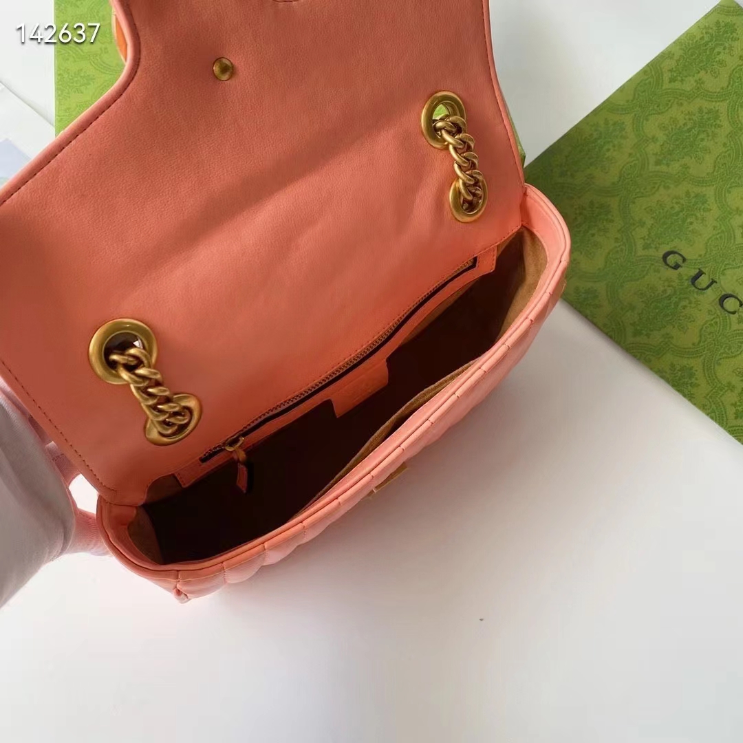 Gucci Women GG Marmont Small Shoulder Bag Peach Matelassé Round Leather (10)