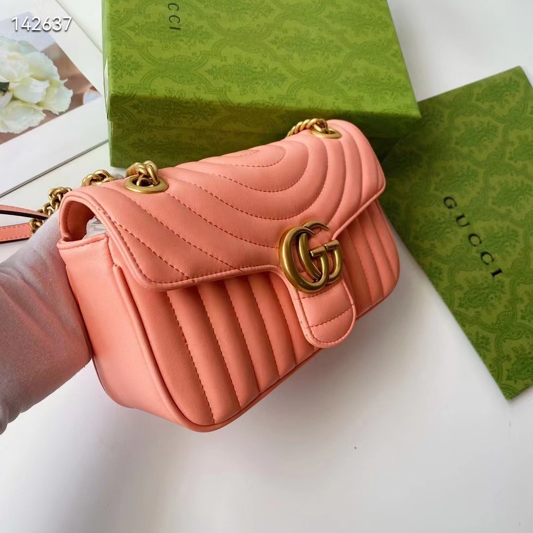 Gucci Women GG Marmont Small Shoulder Bag Peach Matelassé Round Leather (11)
