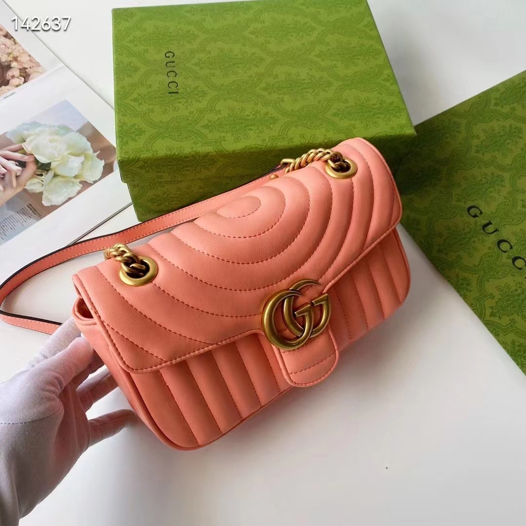 Gucci Women GG Marmont Small Shoulder Bag Peach Matelassé Round Leather (12)