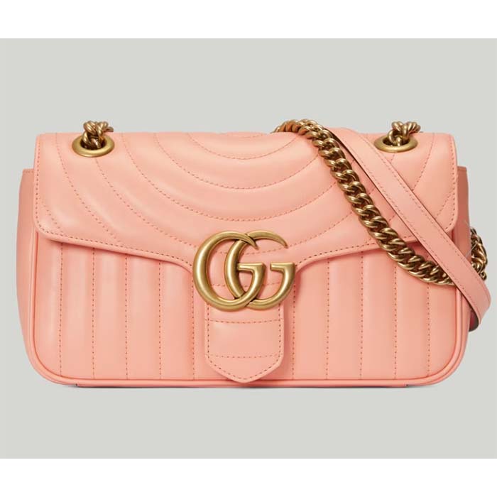 Gucci Women GG Marmont Small Shoulder Bag Peach Matelassé Round Leather