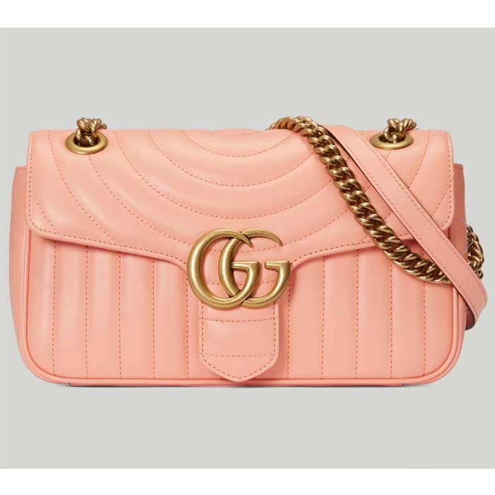 Gucci Women GG Marmont Small Shoulder Bag Peach Matelassé Round Vertical Matelassé Leather