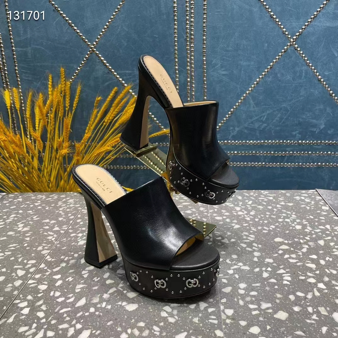 Gucci Women GG Platform Slide Sandal Black Leather Spool High 11 Cm Heel (1)