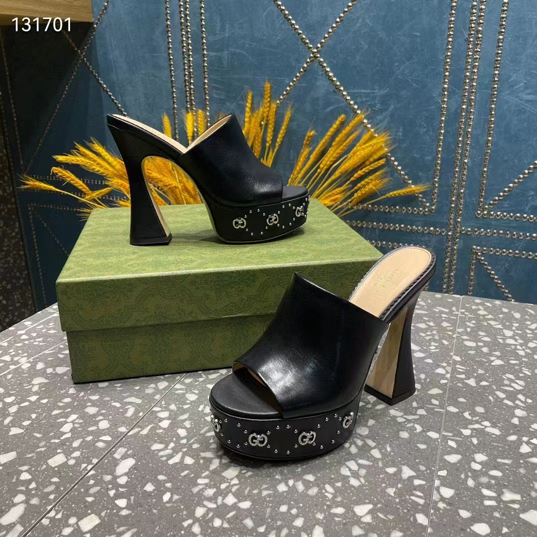 Gucci Women GG Platform Slide Sandal Black Leather Spool High 11 Cm Heel (10)