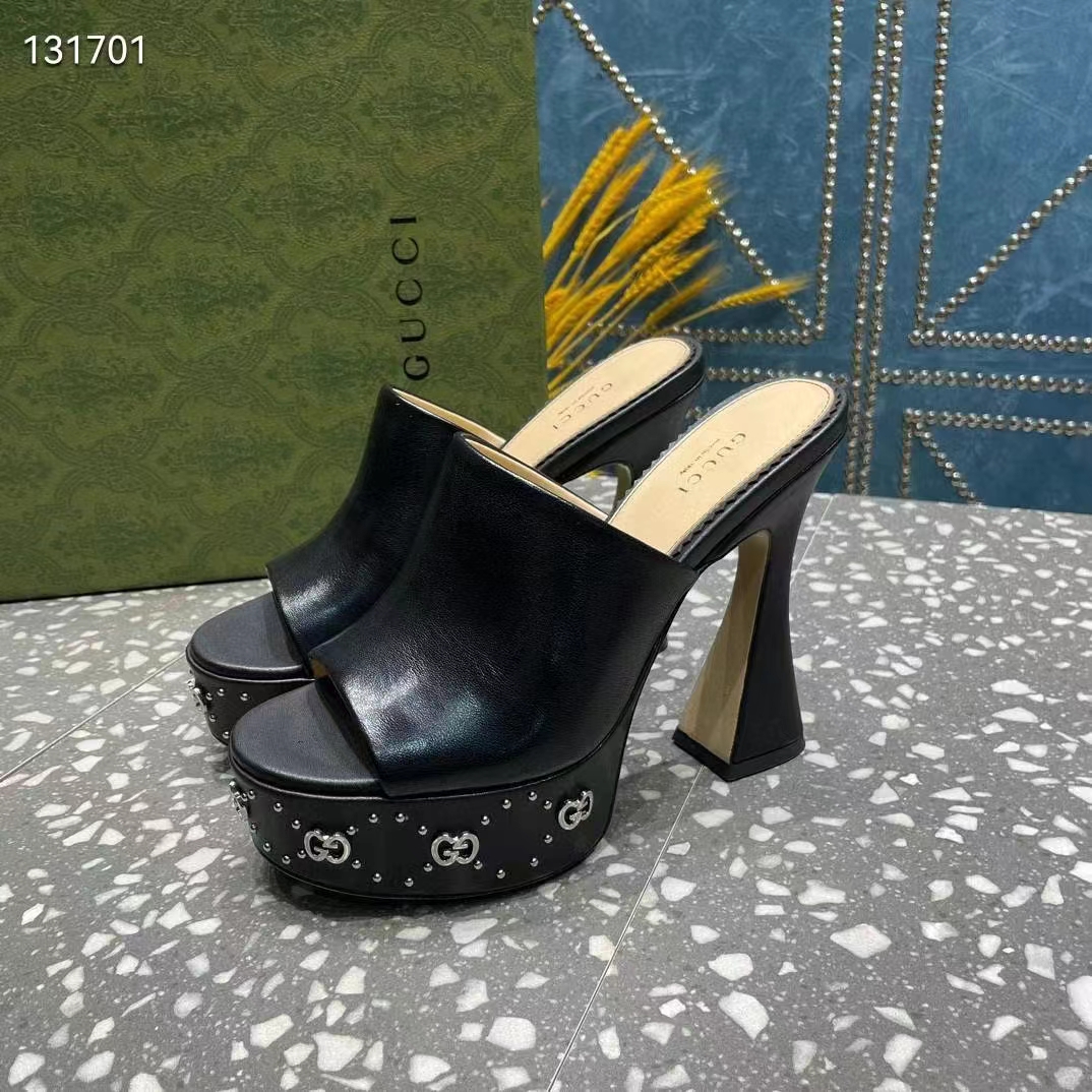 Gucci Women GG Platform Slide Sandal Black Leather Spool High 11 Cm Heel (2)