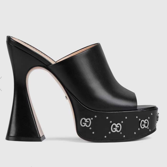 Gucci Women GG Platform Slide Sandal Black Leather Spool High 11 Cm Heel