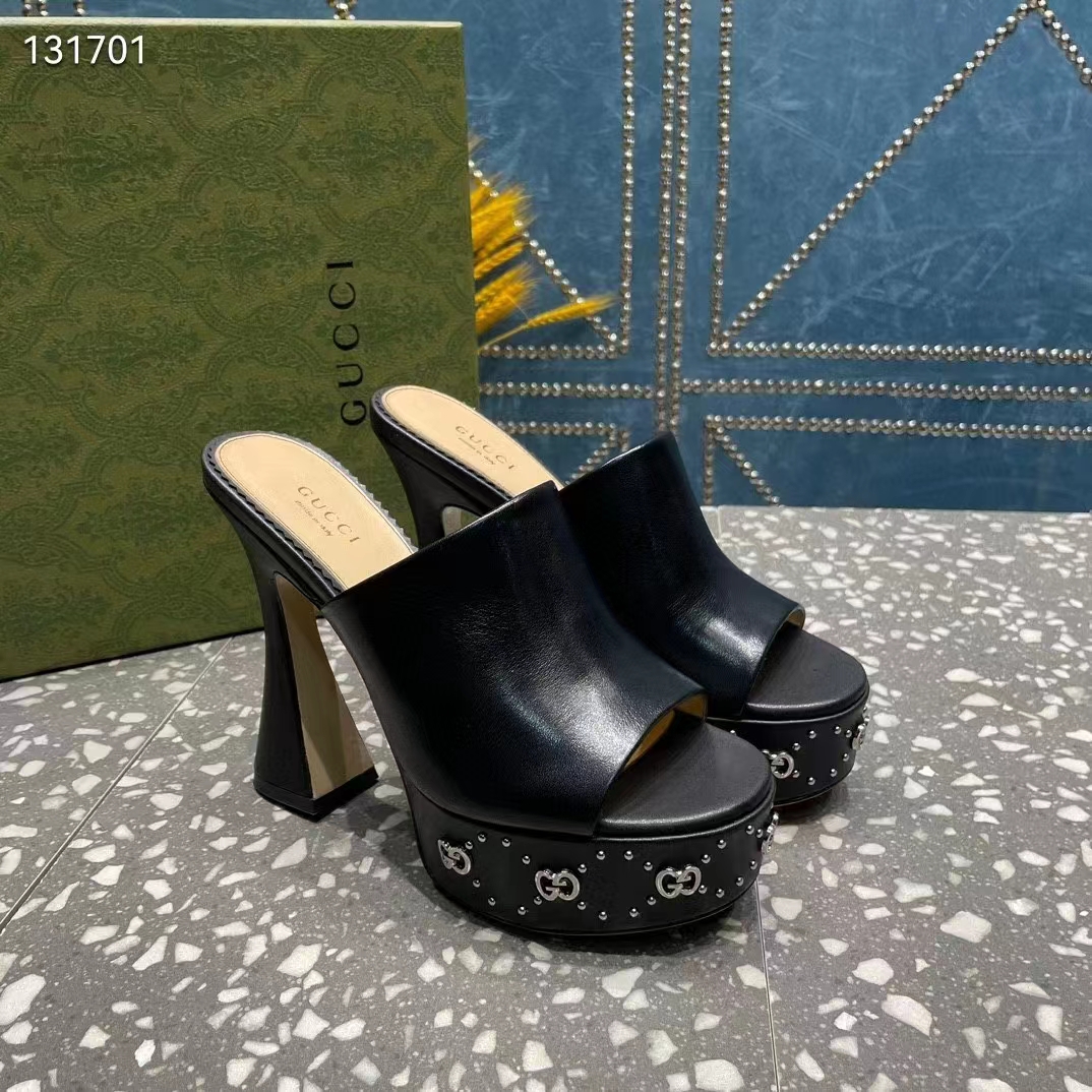 Gucci Women GG Platform Slide Sandal Black Leather Spool High 11 Cm Heel (5)