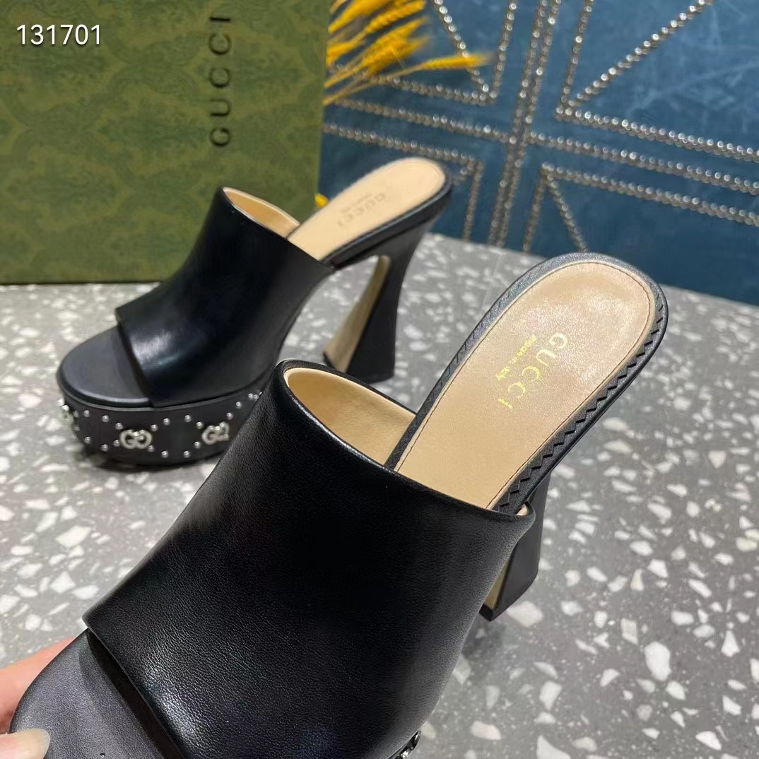 Gucci Women GG Platform Slide Sandal Black Leather Spool High 11 Cm Heel (7)