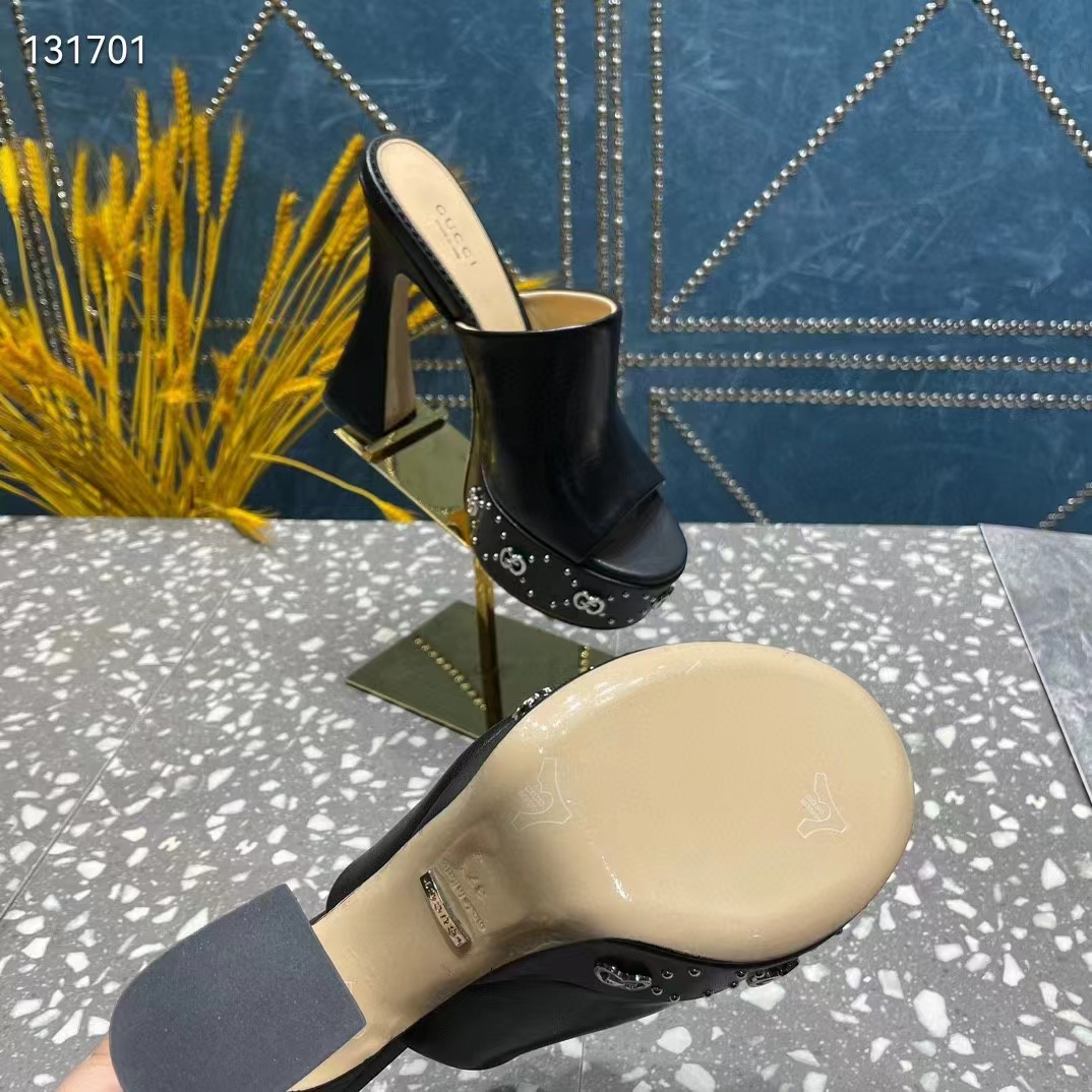 Gucci Women GG Platform Slide Sandal Black Leather Spool High 11 Cm Heel (8)