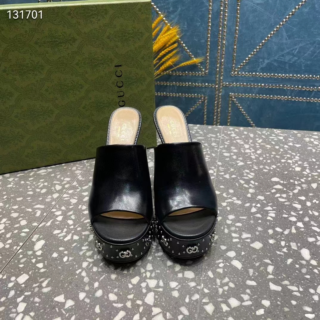 Gucci Women GG Platform Slide Sandal Black Leather Spool High 11 Cm Heel (9)