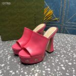 Gucci Women GG Platform Slide Sandal Pink Leather Spool High 11 Cm Heel - Image 7