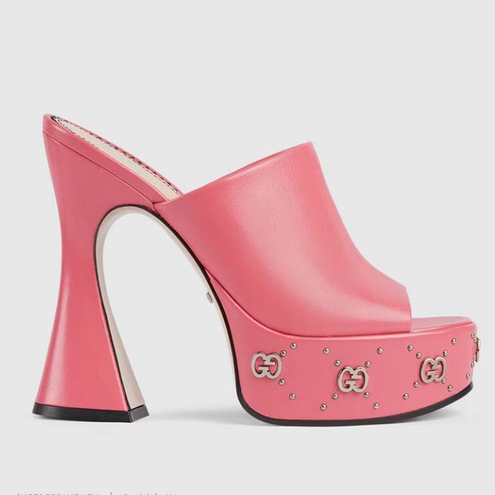 Gucci Women GG Platform Slide Sandal Pink Leather Spool High 11 Cm Heel