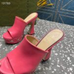 Gucci Women GG Platform Slide Sandal Pink Leather Spool High 11 Cm Heel - Image 9