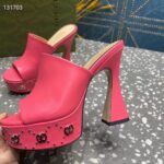 Gucci Women GG Platform Slide Sandal Pink Leather Spool High 11 Cm Heel - Image 8