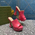 Gucci Women GG Platform Slide Sandal Pink Leather Spool High 11 Cm Heel - Image 6