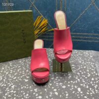 Gucci Women GG Platform Slide Sandal Pink Leather Spool High 11 Cm Heel (3)