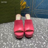 Gucci Women GG Platform Slide Sandal Pink Leather Spool High 11 Cm Heel (3)