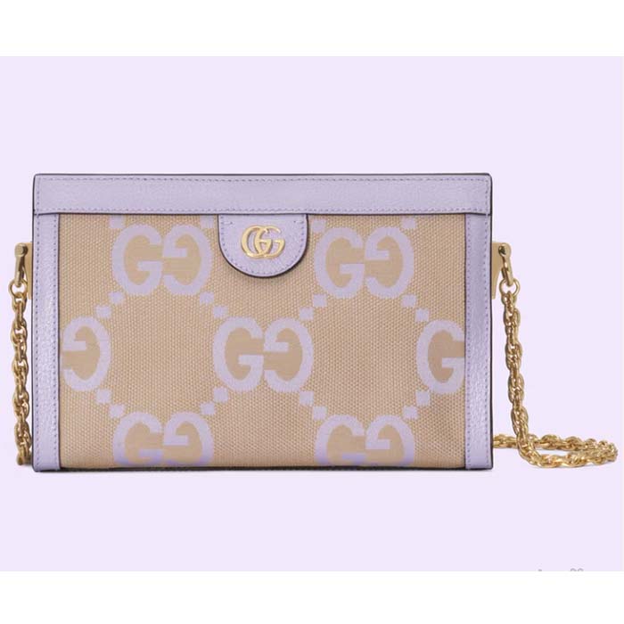 Gucci Women Ophidia Jumbo GG Small Shoulder Bag Camel Lilac Canvas Leather