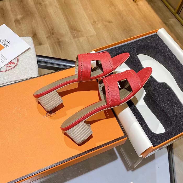 Hermes Women Oasis Sandal Red Calfskin Iconic H 5.6cm Heel (5)