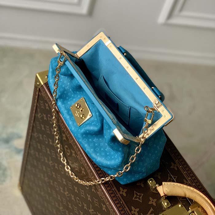 Louis Vuitton LV Women Monogram Clutch Blue Calfskin Leather S-Lock (4)
