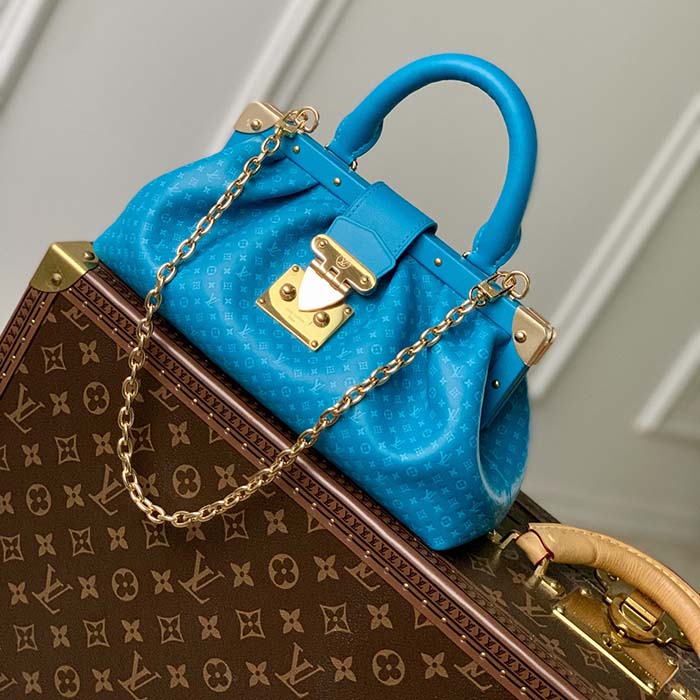 Louis Vuitton LV Women Monogram Clutch Blue Calfskin Leather S-Lock (9)