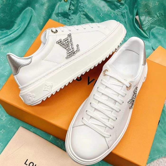 Louis Vuitton Unisex LV Time Out Sneaker Silver Calf Leather Strass Monogram Flowers (7)