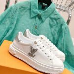 Louis Vuitton Unisex LV Time Out Sneaker Silver Calf Leather Strass Monogram Flowers – Image 2