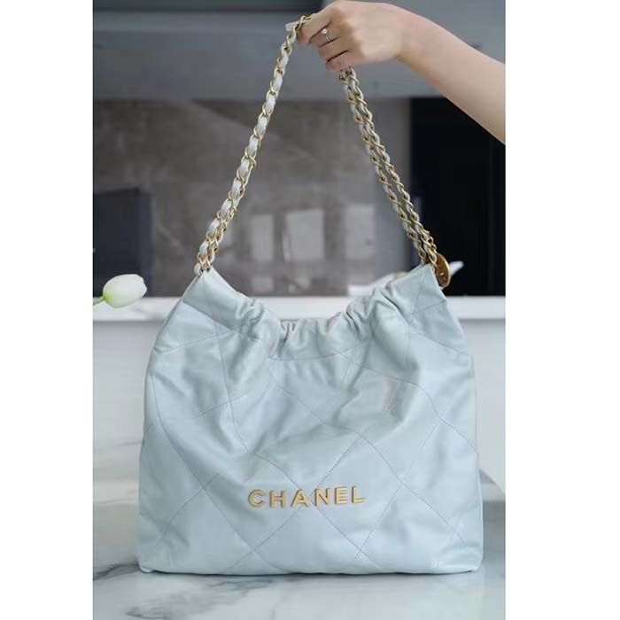 Chanel Women CC 22 Handbag Shiny Calfskin & Gold-Tone Metal Light Blue (11)