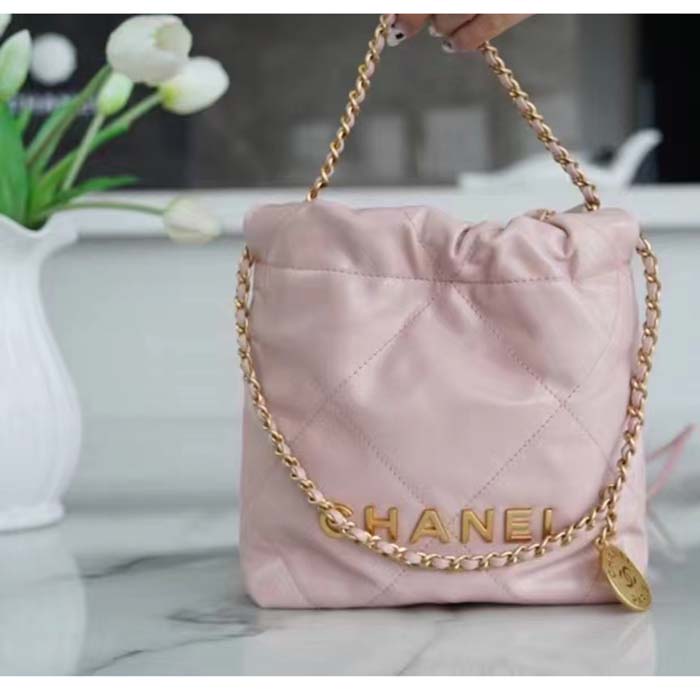 Chanel Women CC 22 Mini Handbag Shiny Calfskin Gold-Tone Metal Light Pink (13)