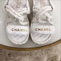 Chanel Women CC Cotton Tweed White Sandals Calfskin Leather Cotton 1 CM Heel (2)