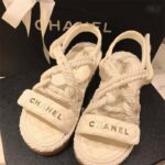 Chanel Women CC Cotton Tweed White Sandals Calfskin Leather Cotton 1 CM Heel - Image 5