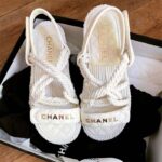 Chanel Women CC Cotton Tweed White Sandals Calfskin Leather Cotton 1 CM Heel - Image 3