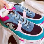 Chanel Women CC Low Top Logo Sneakers Calfskin Suede Blue Leather - Bild 6