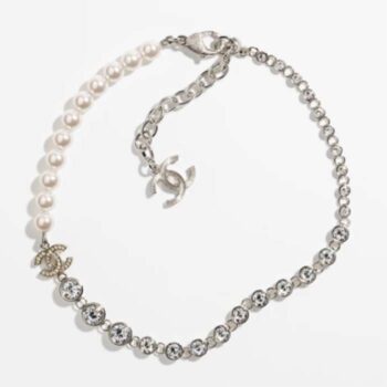 Chanel Women CC Necklace Metal Glass Pearls Strass Silver Pearly White Crystal