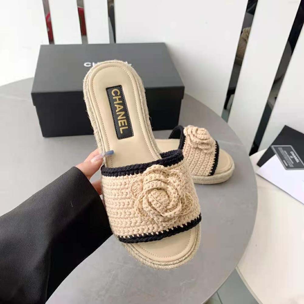 Chanel Women Mules Crochet Ivory and Black 0.5 cm Heel-Beige (8)